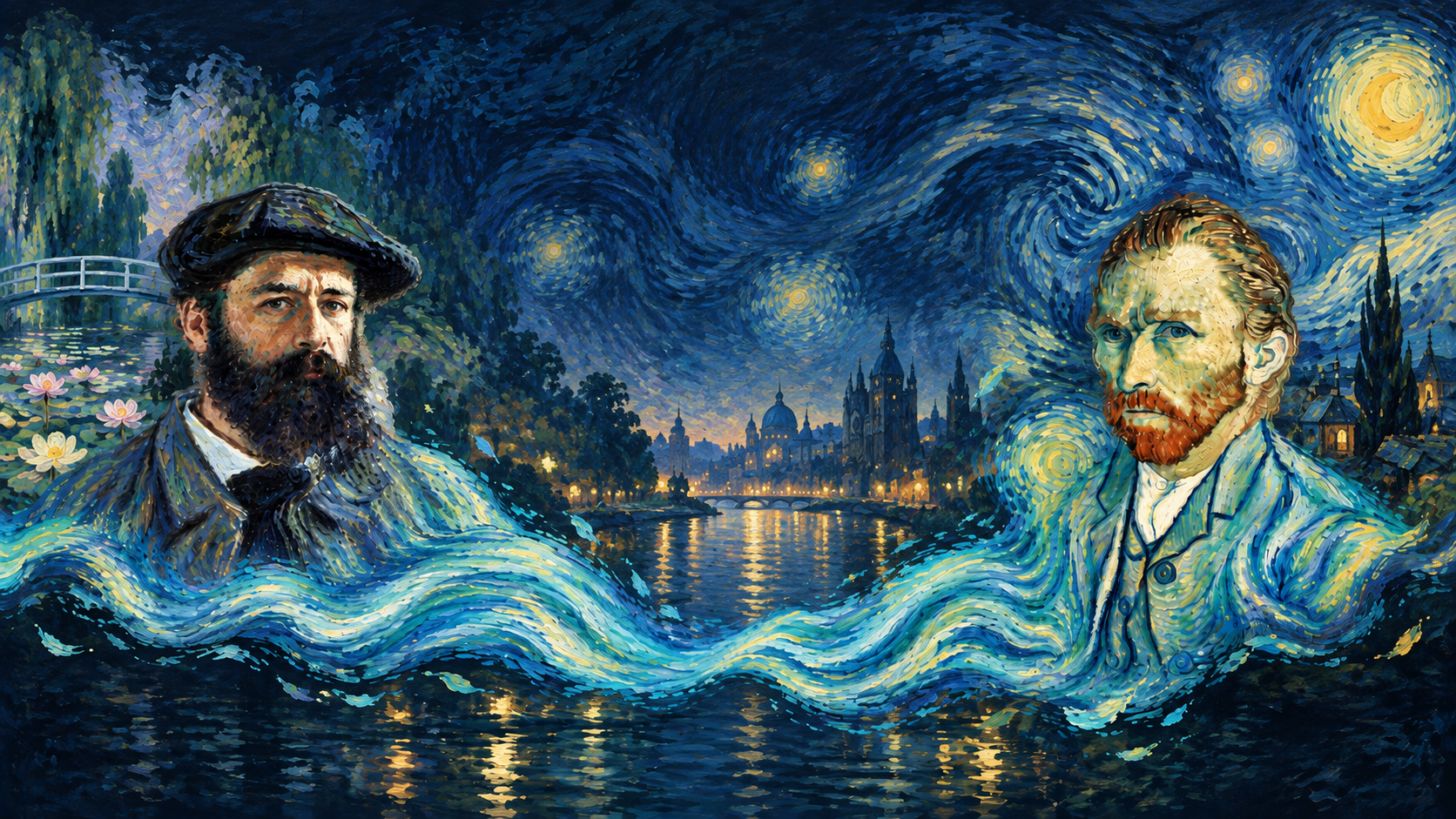 A painted night world with luminous waves and a distant city